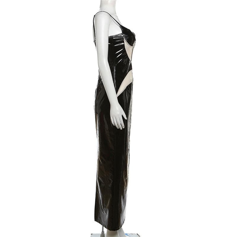 Mesh patchwork contrast PU leather low cut slit maxi dress 8