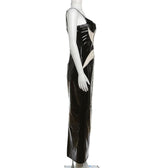 Mesh patchwork contrast PU leather low cut slit maxi dress 8