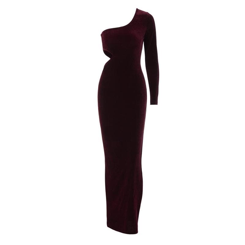 Velvet One Shoulder Long Sleeve Cut Out Bodycon Maxi Dress