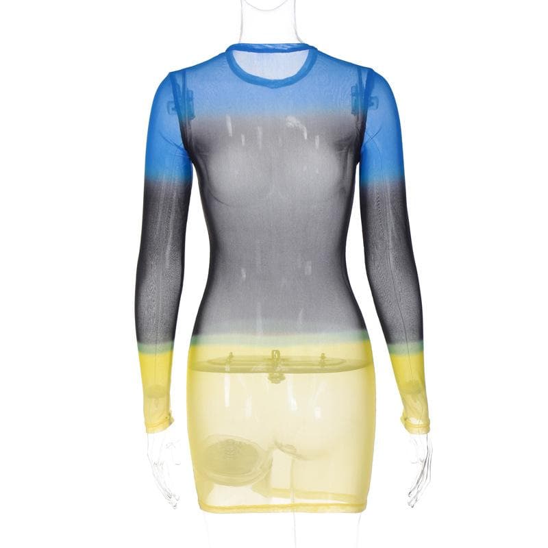 Contrast sheer mesh see through long sleeve crewneck mini dress 5