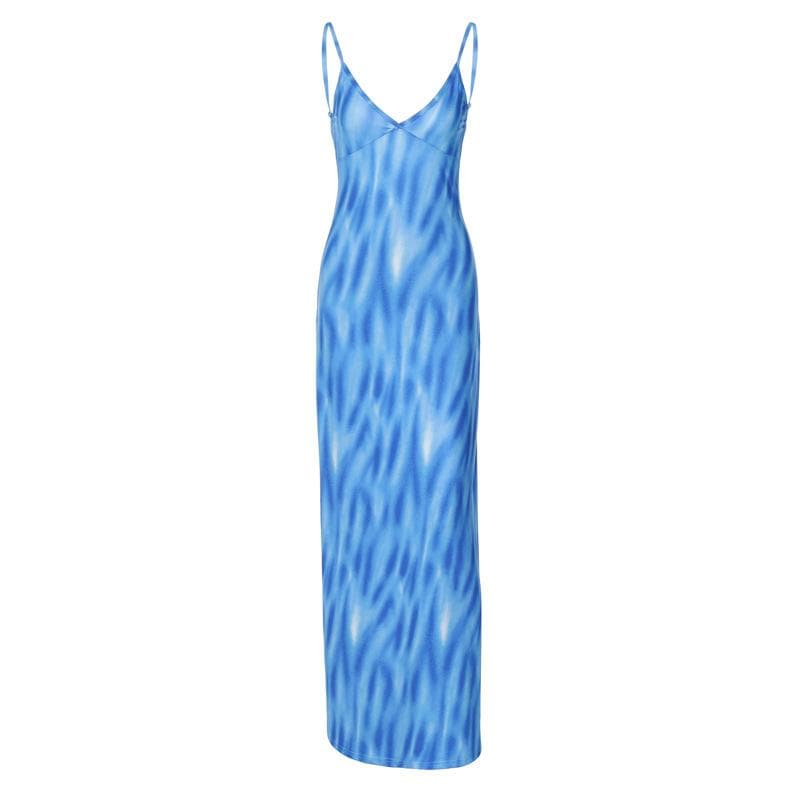 Contrast print v neck backless cami maxi dress