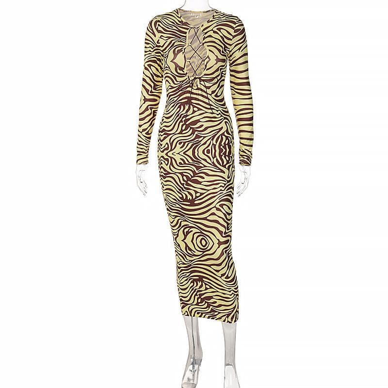 Long sleeve lace up zebra print midi dress 2