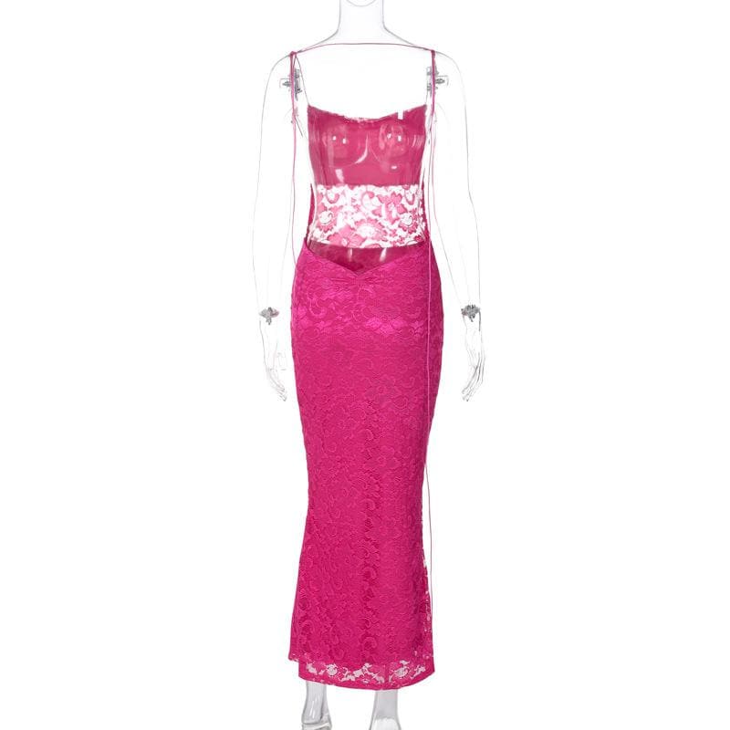 Lace solid square neck ruched spaghetti strap backless maxi dress 4