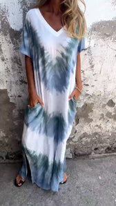 Tie Dye V-Neck Short Sleeve Pocket Maxi Dress 4