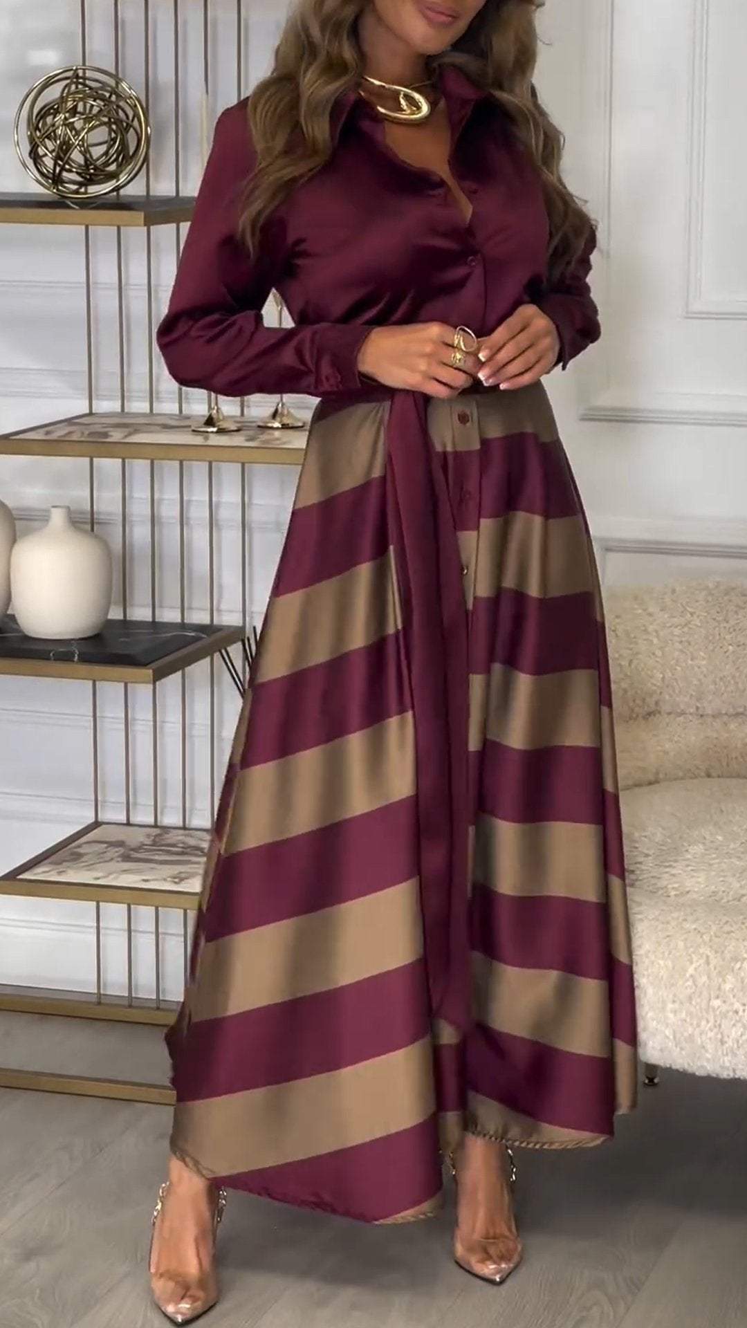 Collared Long Sleeve Striped Satin Two Piece Set 4