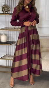 Collared Long Sleeve Striped Satin Two Piece Set 4