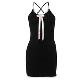 Bowknot ribbon lace hem u neck cross back backless cami mini dress 2