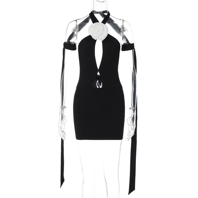 Flower applique contrast self tie halter backless hollow out mini dress