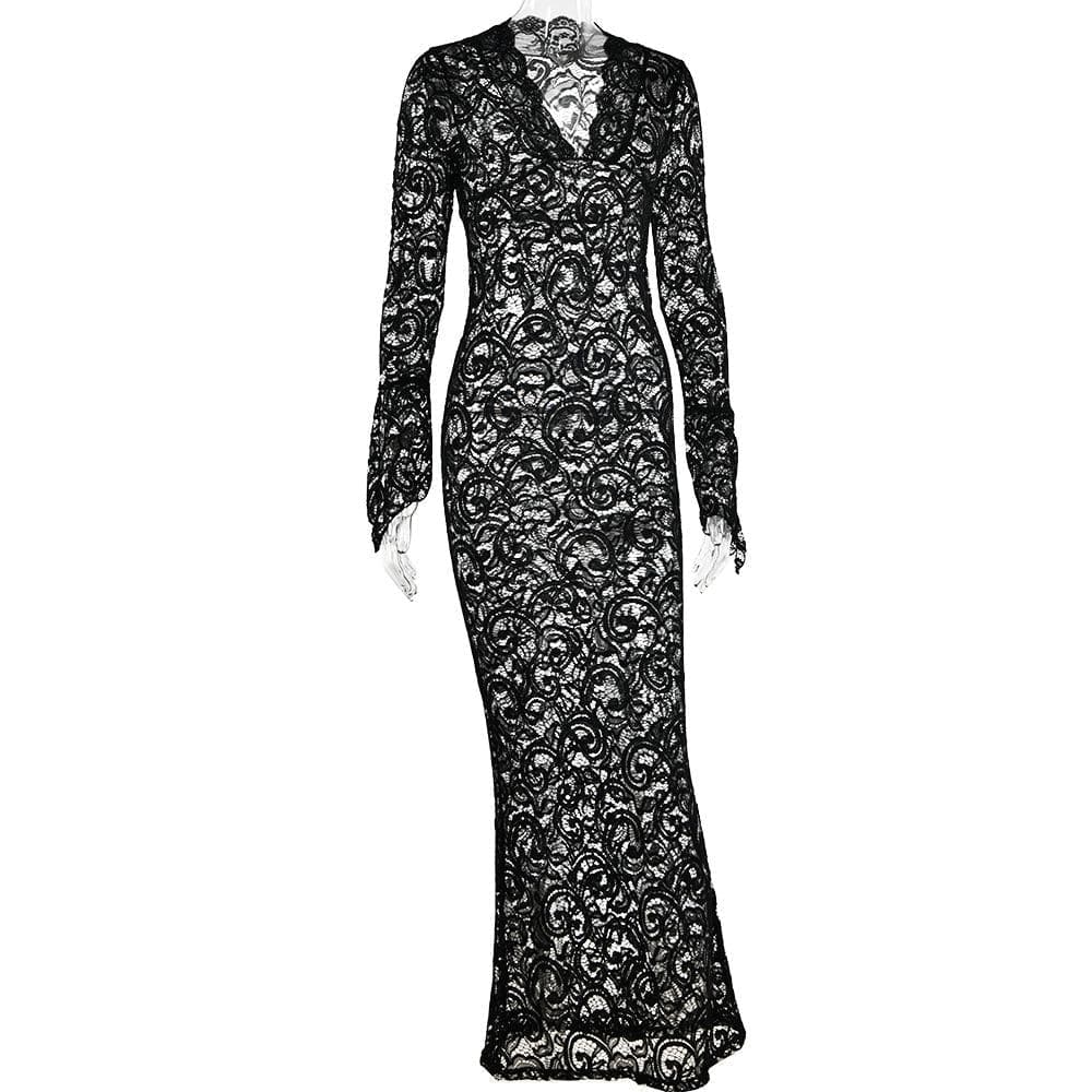 Lace see through long sleeve v neck solid maxi dress 6