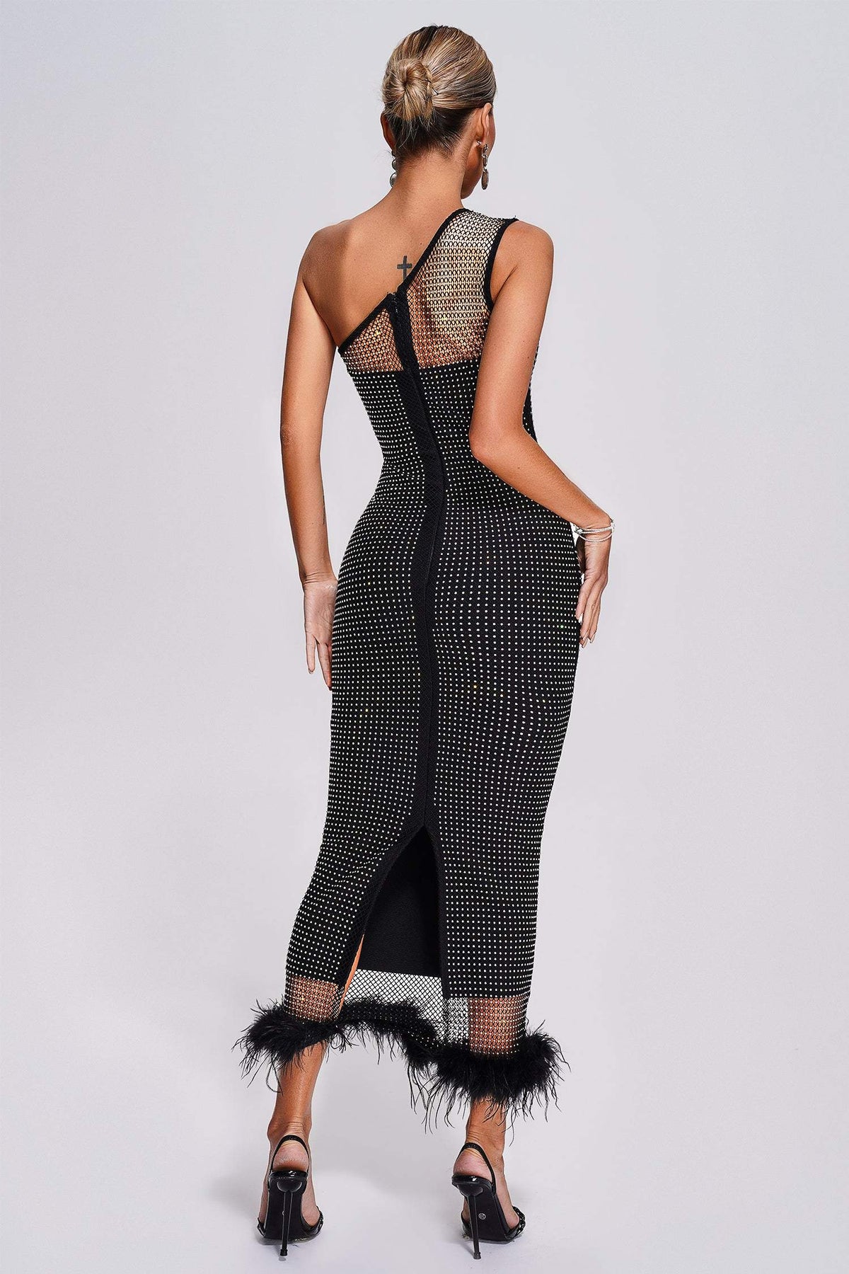 Rhinestone Mesh One Shoulder Feather Hem Side Split Maxi Dress 5