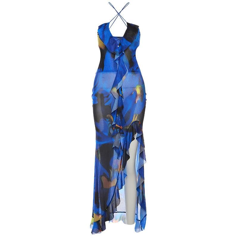 Cross front backless sheer mesh see through slit contrast print maxi dress 9