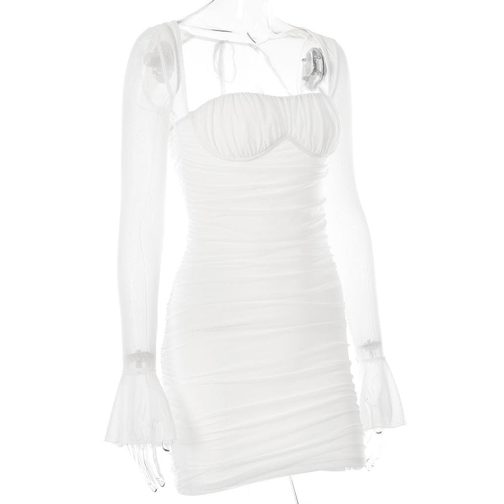 Mesh flared sleeve solid ruched zip-up lace up mini dress 4