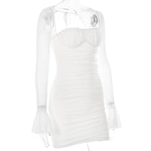 Mesh flared sleeve solid ruched zip-up lace up mini dress 4