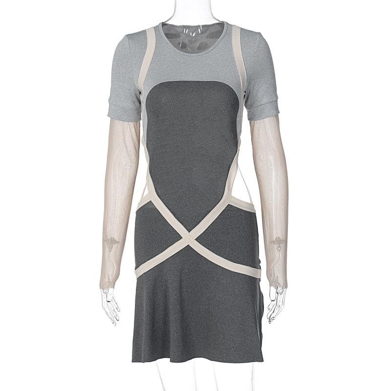 Mesh Long Sleeve Contrast Trim Cross Front Layered Look Mini Dress 2