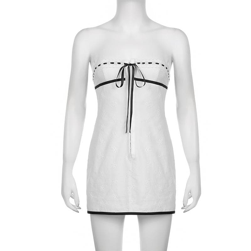 Textured contrast stitch self tie button backless tube mini dress