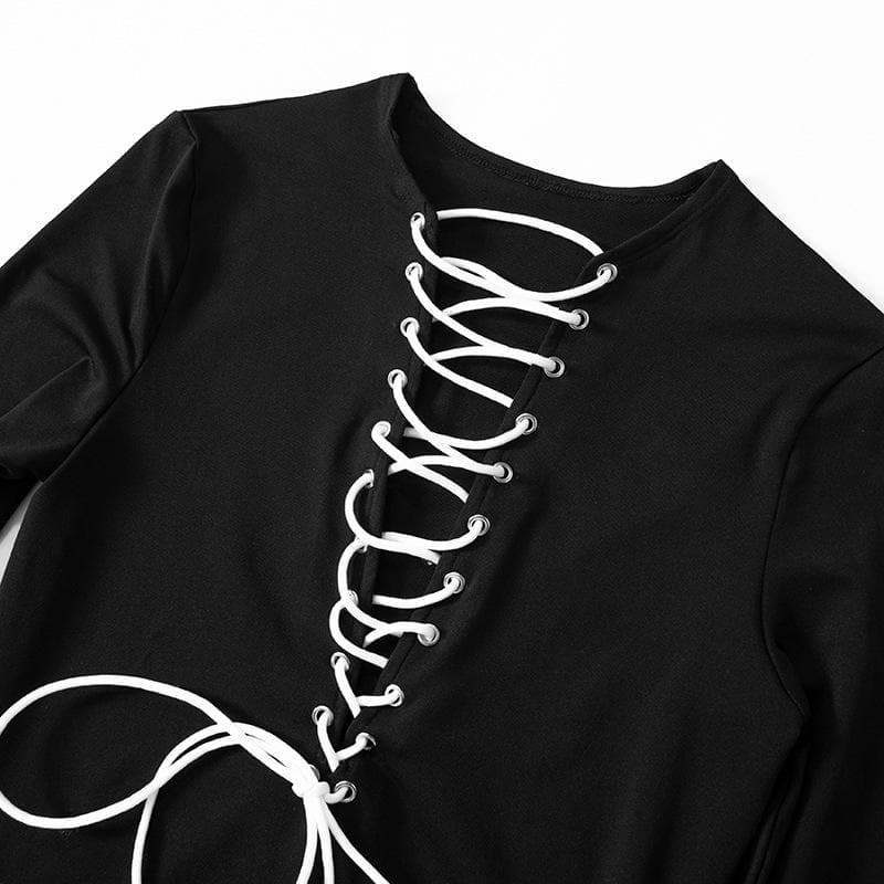 Lace up contrast long sleeve irregular crewneck mini dress 4