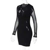 Mesh long sleeve patchwork solid mini dress 3