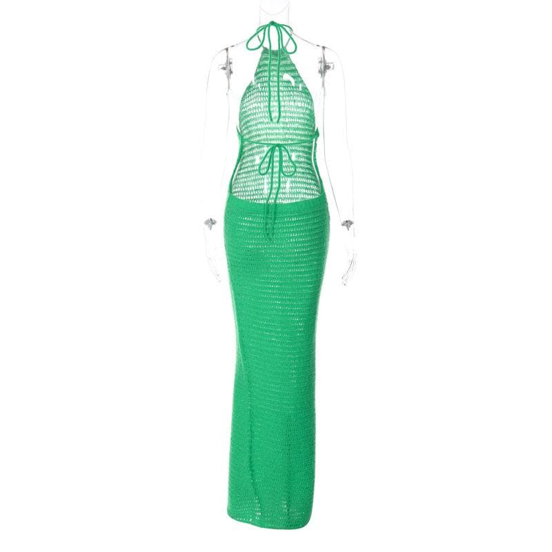 Crochet solid halter backless self tie maxi dress 3