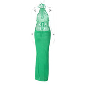 Crochet solid halter backless self tie maxi dress 3