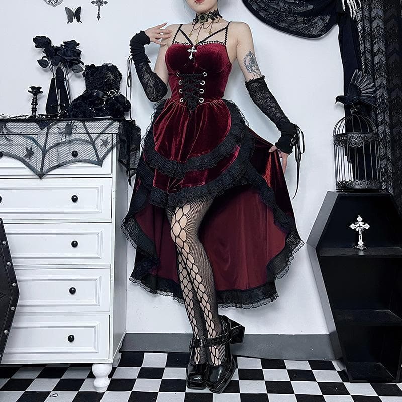 Velvet lace hem ruched lace up backless irregular midi dress 2