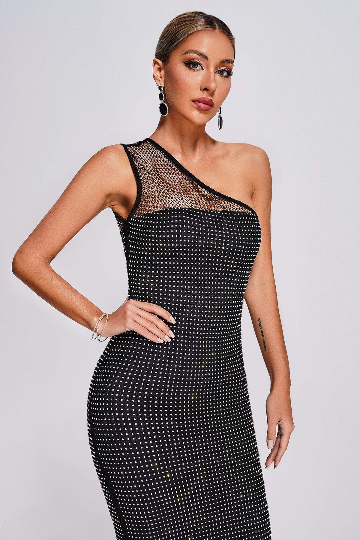 Rhinestone Mesh One Shoulder Feather Hem Side Split Maxi Dress 3