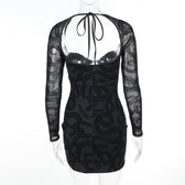 Mesh self tie long sleeve solid lace up mini dress 4