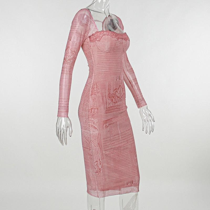 Mesh contrast print lace hem self tie long sleeve midi dress 3