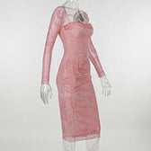 Mesh contrast print lace hem self tie long sleeve midi dress 3