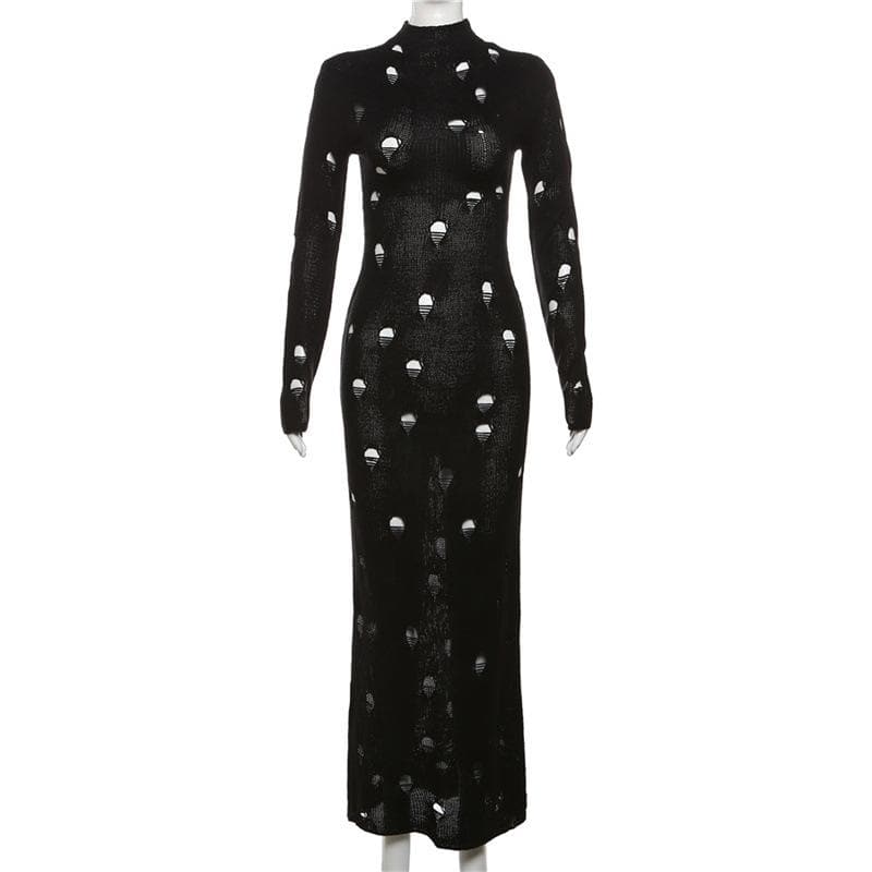 Crochet solid long sleeve high neck lace up maxi dress 2