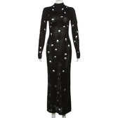 Crochet solid long sleeve high neck lace up maxi dress 2