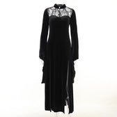 Velvet lace patchwork button solid high neck long flared sleeve slit midi dress 2