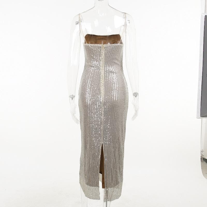 Glitter spaghetti strap zip-up slit backless midi dress 3