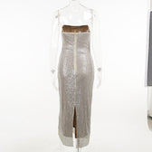 Glitter spaghetti strap zip-up slit backless midi dress 3