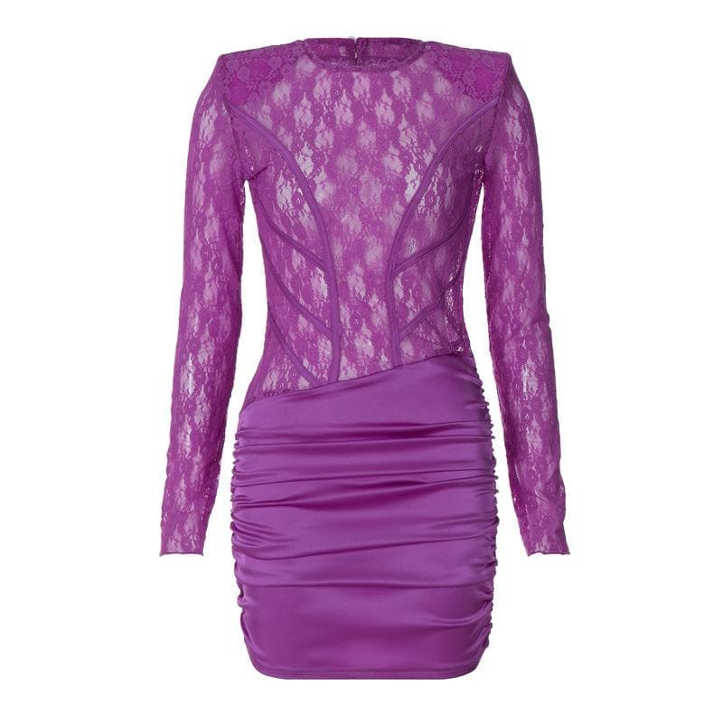 Sheer Lace Long Sleeve Ruched Satin Skirt Bodycon Mini Dress