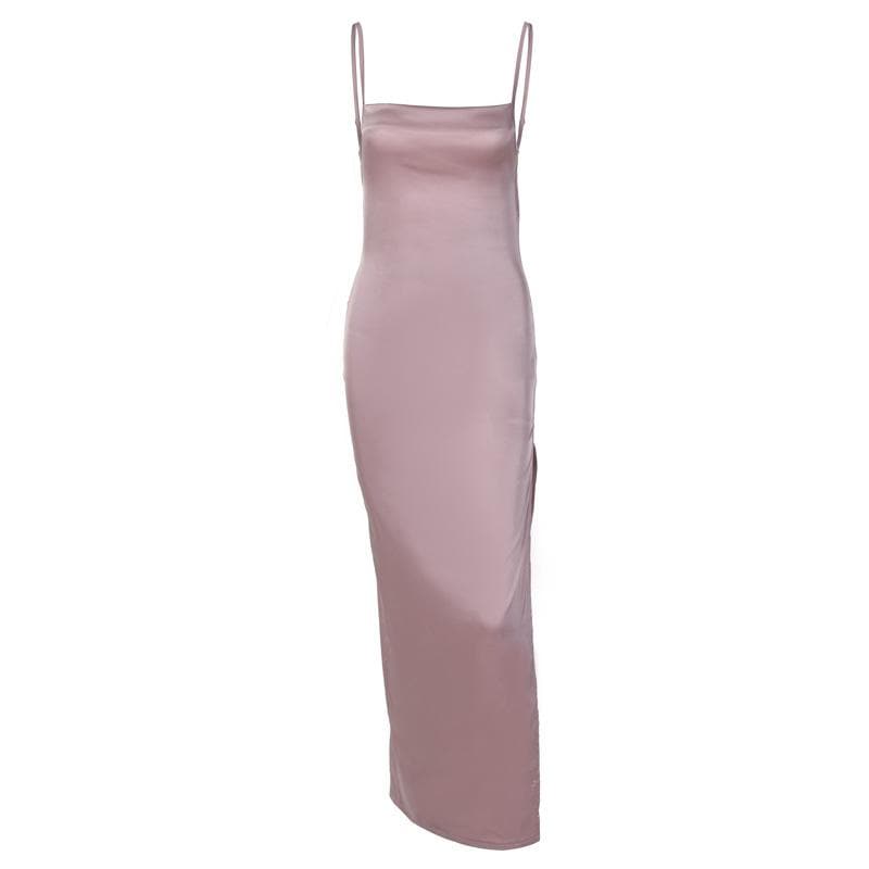 Satin Straight Neck Spaghetti Strap Open Back High Split Midi Dress 2