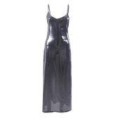 Metallic v neck backless solid low cut cami maxi dress