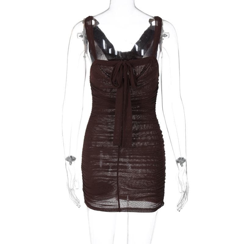 Cowl neck ruched o ring sheer mesh bowknot ribbon backless cami mini dress 4