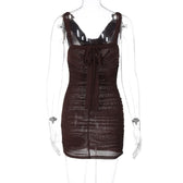 Cowl neck ruched o ring sheer mesh bowknot ribbon backless cami mini dress 4