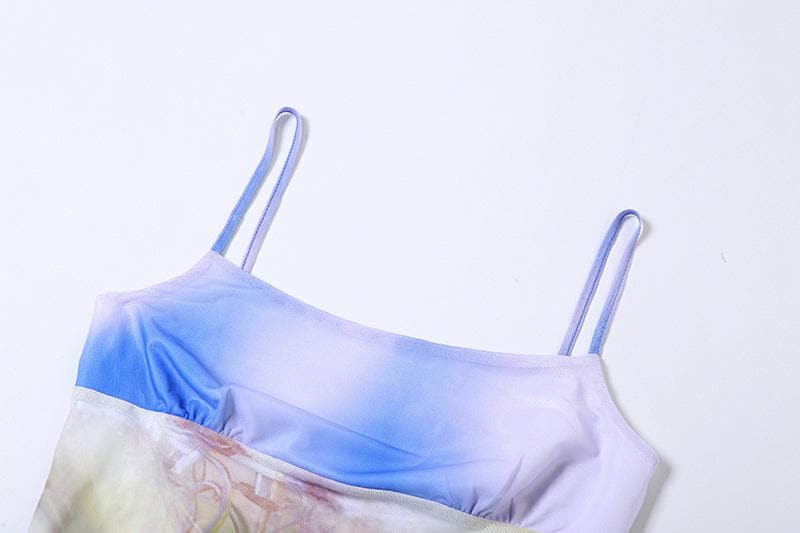 Mesh contrast abstract print backless cami dress 5