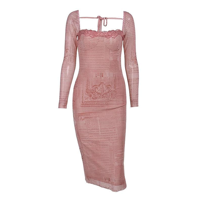 Mesh contrast print lace hem self tie long sleeve midi dress 2