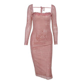 Mesh contrast print lace hem self tie long sleeve midi dress 2