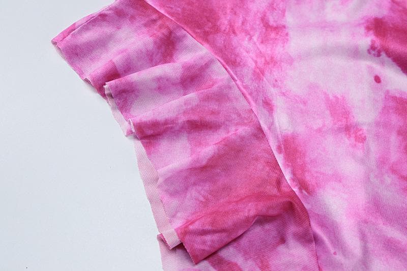 Tie dye ruffle halter mesh backless self tie irregular maxi dress 7