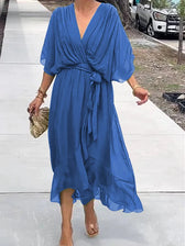 Chiffon Deep V-Neck Batwing Wrap Midi Dress 11