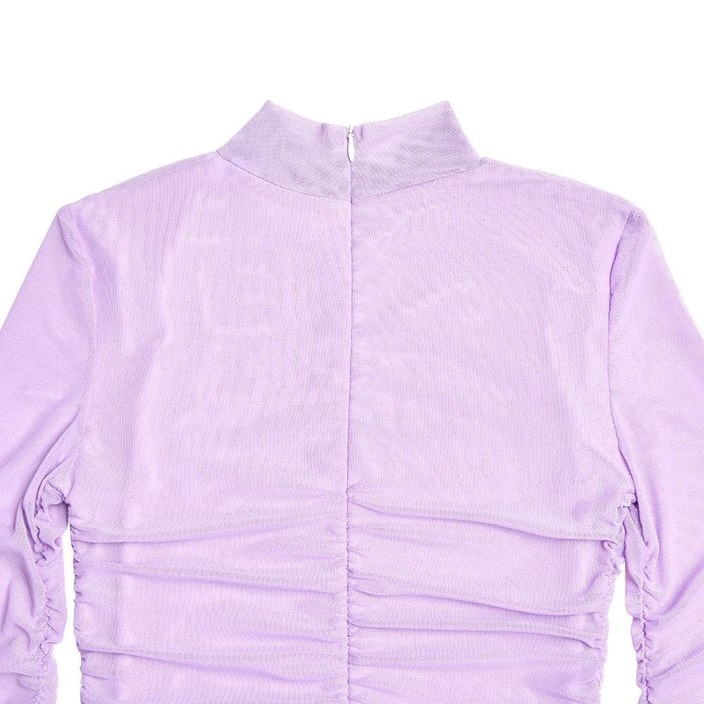 Mesh ruched zip-up long sleeve solid high neck mini dress 6