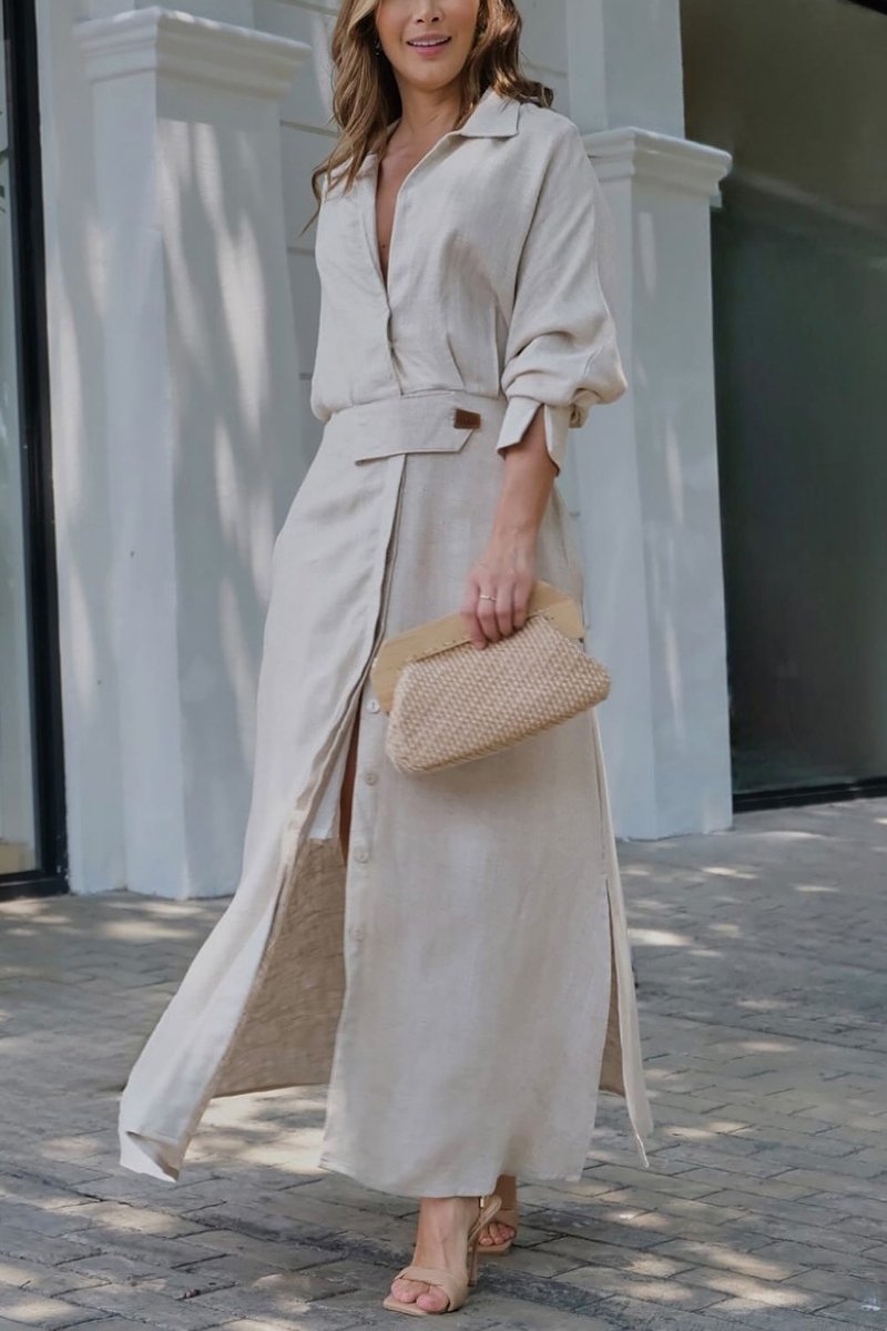 Collared Button Front Belted Long Sleeve Maxi Shirt Dress
