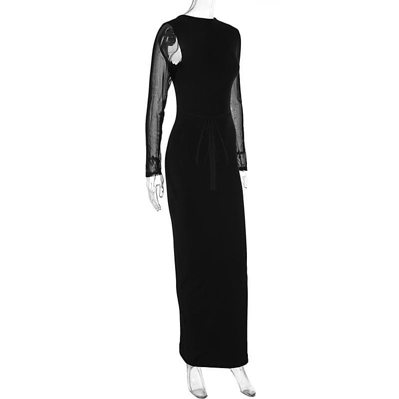 Mesh patchwork solid low cut long sleeve cross front maxi dress 5