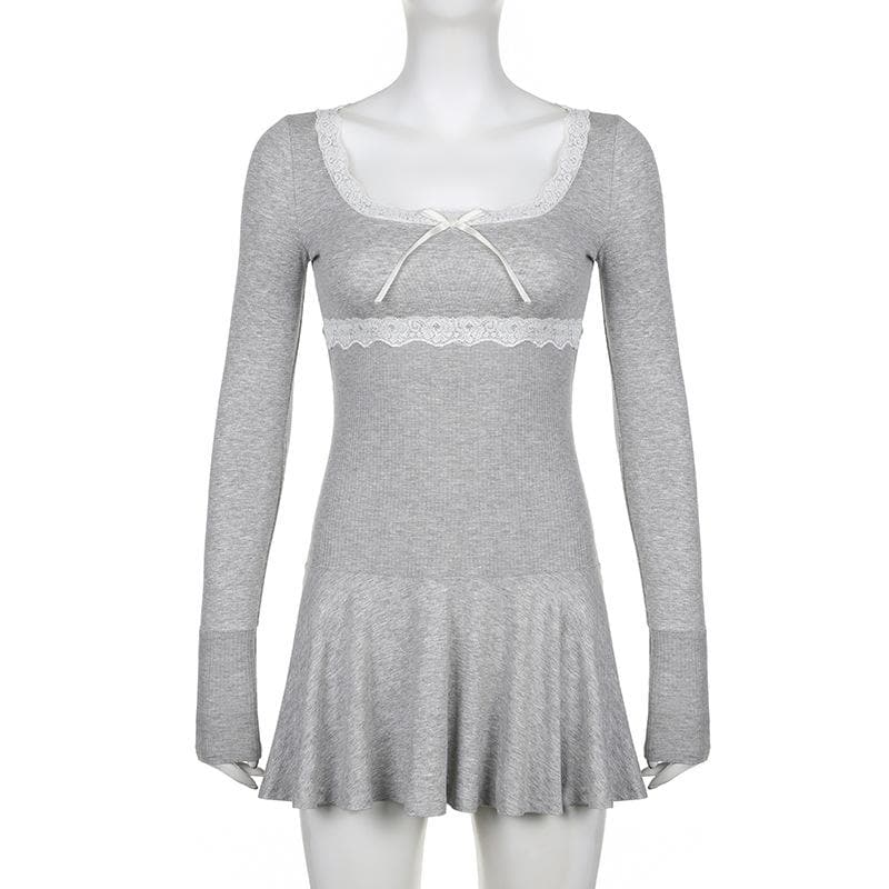 Lace hem square neck contrast long sleeve ruffle mini dress 4