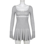 Lace hem square neck contrast long sleeve ruffle mini dress 4