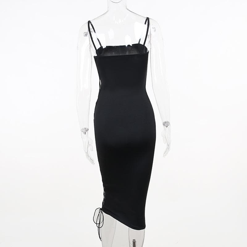 Lace up solid irregular backless square neck midi dress 3