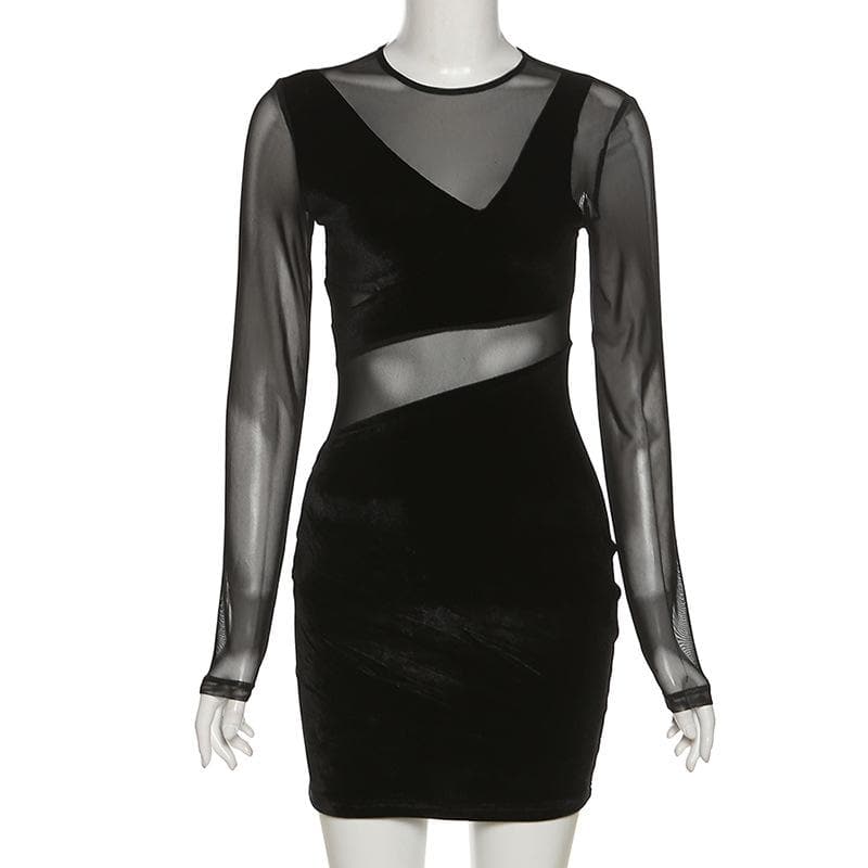 Mesh velvet solid low cut irregular long sleeve mini dress 2